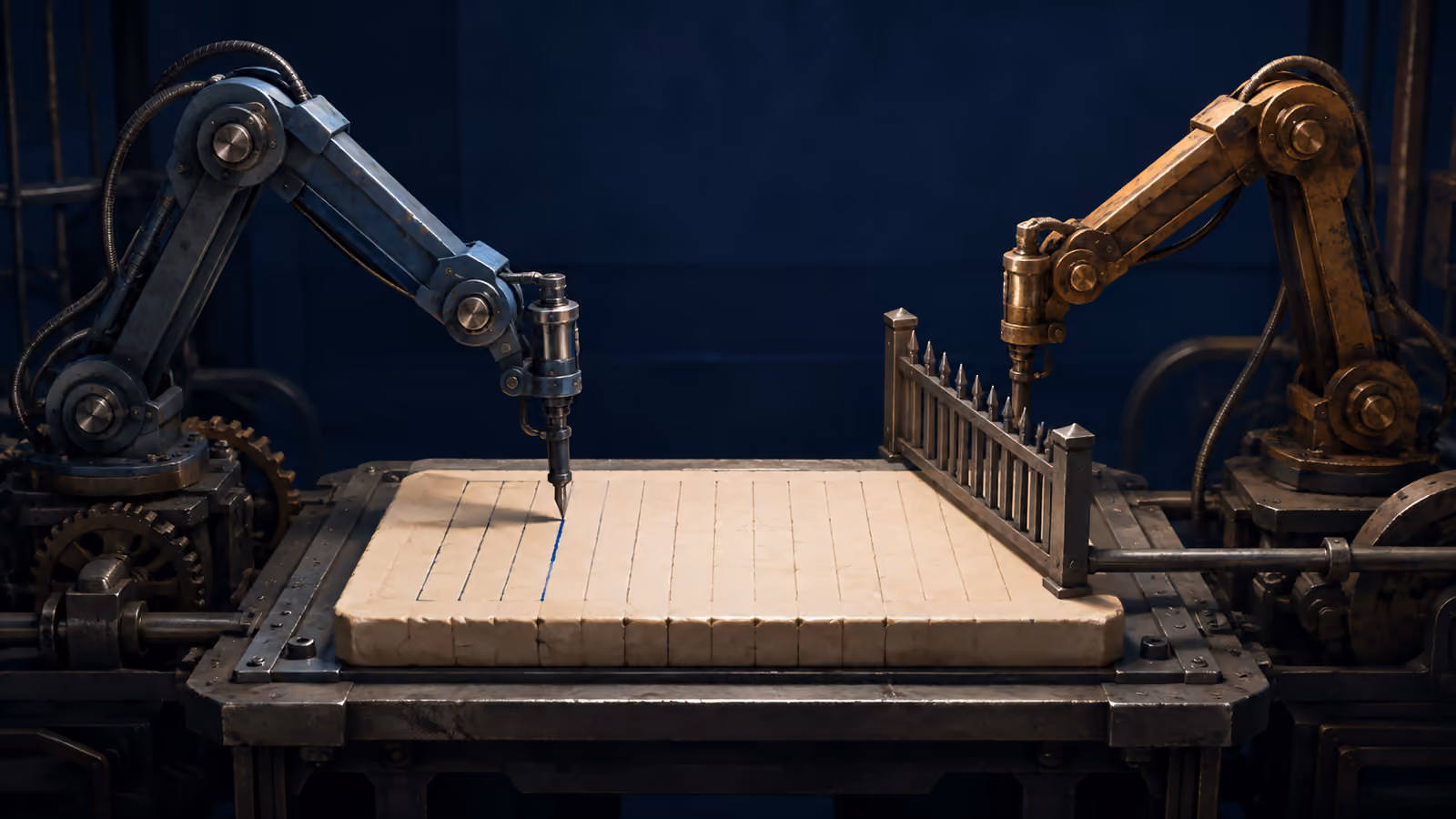 Two mechanical writing arms approach one shared slab; a gate stops the older amber arm while the blue arm writes.