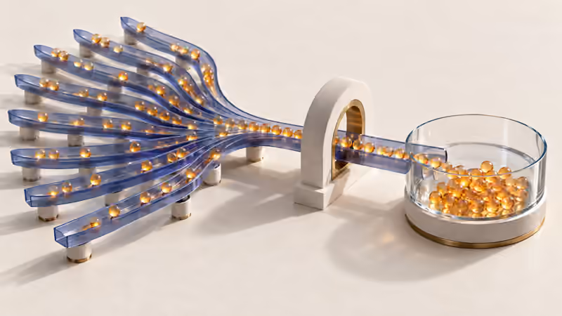 Indigo glass channels converge through one gateway into a shared reservoir, a conceptual illustration of request coalescing.