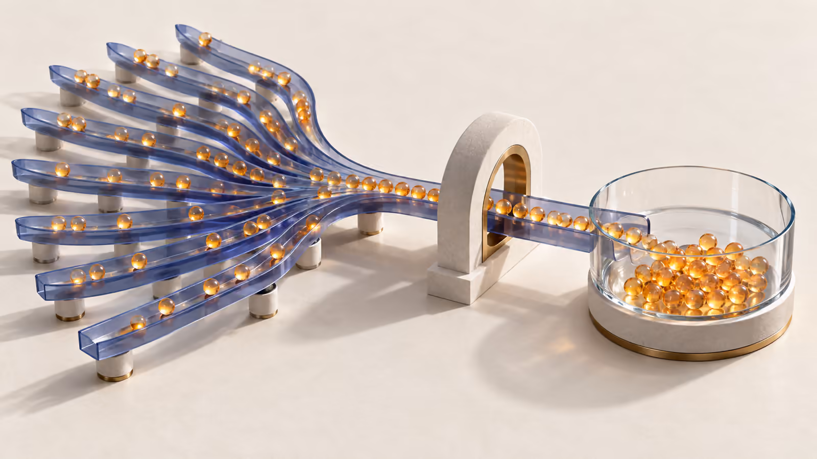 Indigo glass channels converge through one gateway into a shared reservoir, a conceptual illustration of request coalescing.