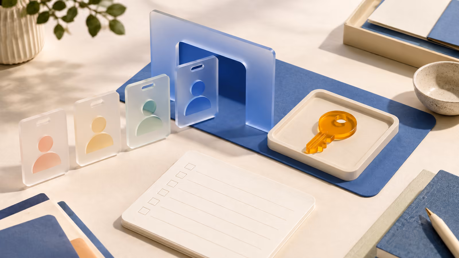 Translucent identity badges enter a blue workspace frame beside an administrator key and blank checklist.