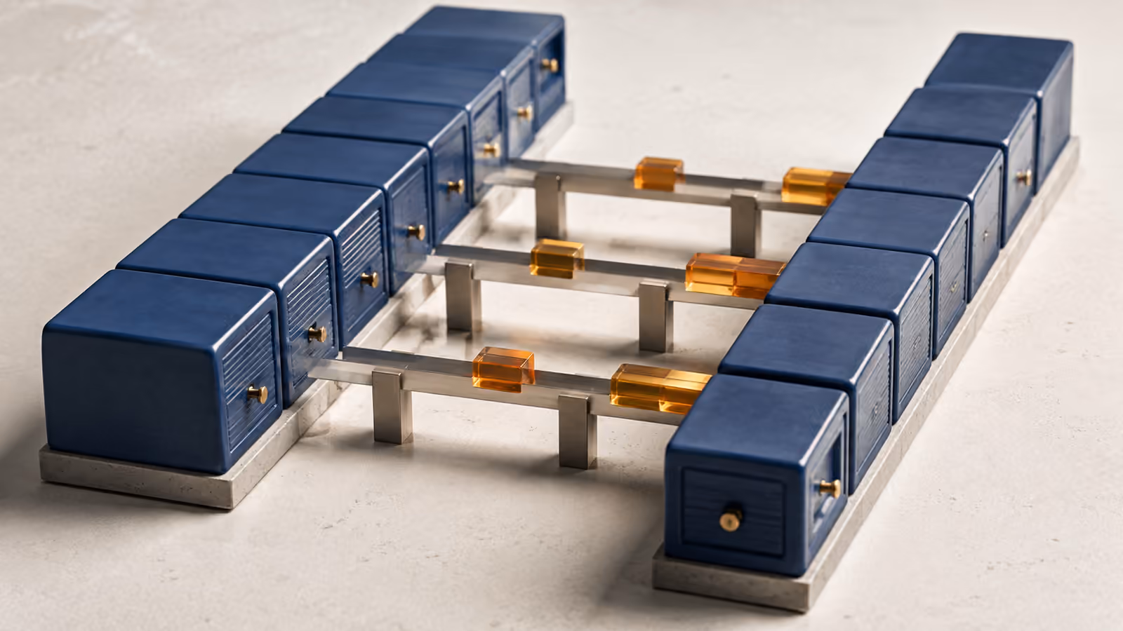 Conceptual parallel rows of blue data modules connected by temporary metal rails carrying amber pieces between the old and new arrangement.