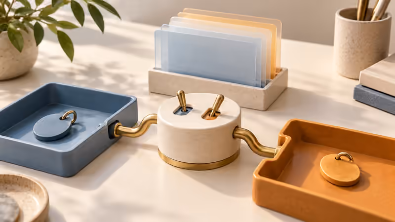A ceramic switchboard routes separate keyed tokens into blue and amber trays beside a stack of translucent revision cards.