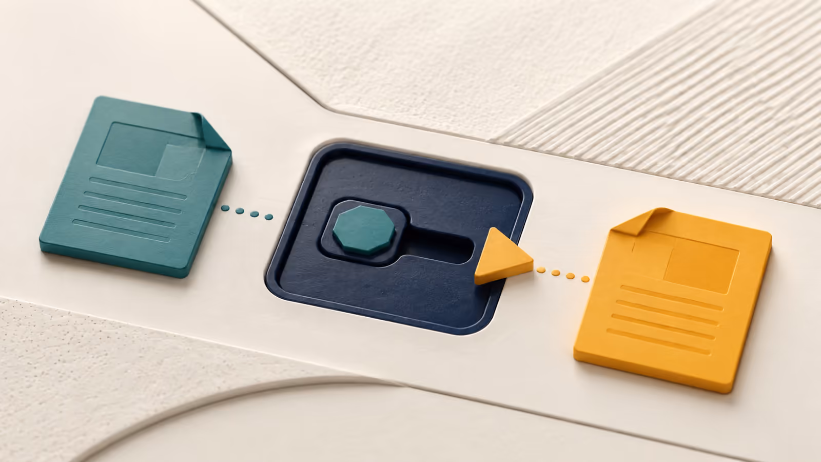Teal and amber document tiles approach a shared record slot, with only one matching key aligned.
