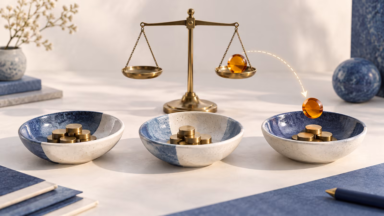 Three ceramic dishes with brass tokens beside a balancing scale and an amber residual token.
