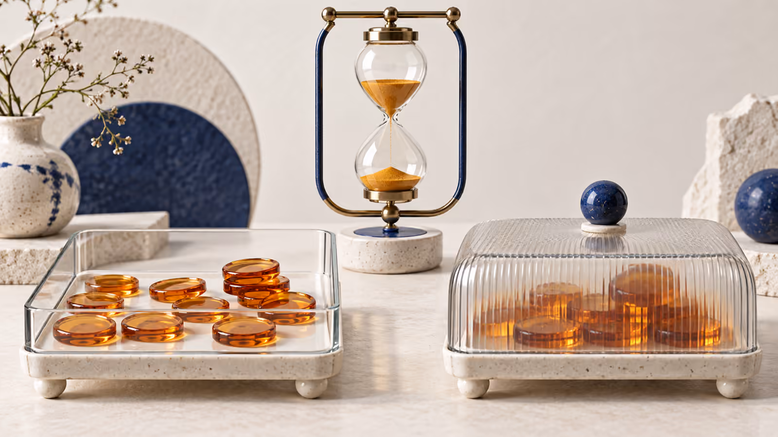 Amber tokens sit in an available tray and a covered reservation tray beside an hourglass.