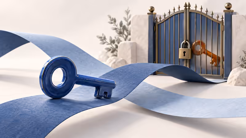 Two indigo credential cards approach an amber gate while one replacement card waits on the other side.