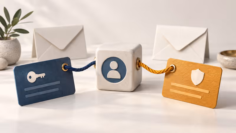 Several distinct identity keys attach to one central person marker while separate workspace gates remain independently controlled.
