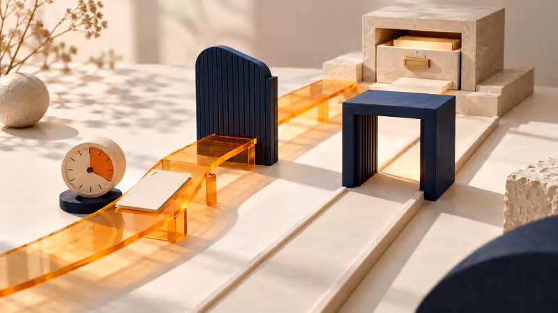 A paper pass and timer sit on an amber bridge beside a navy inspection portal leading to a file drawer.