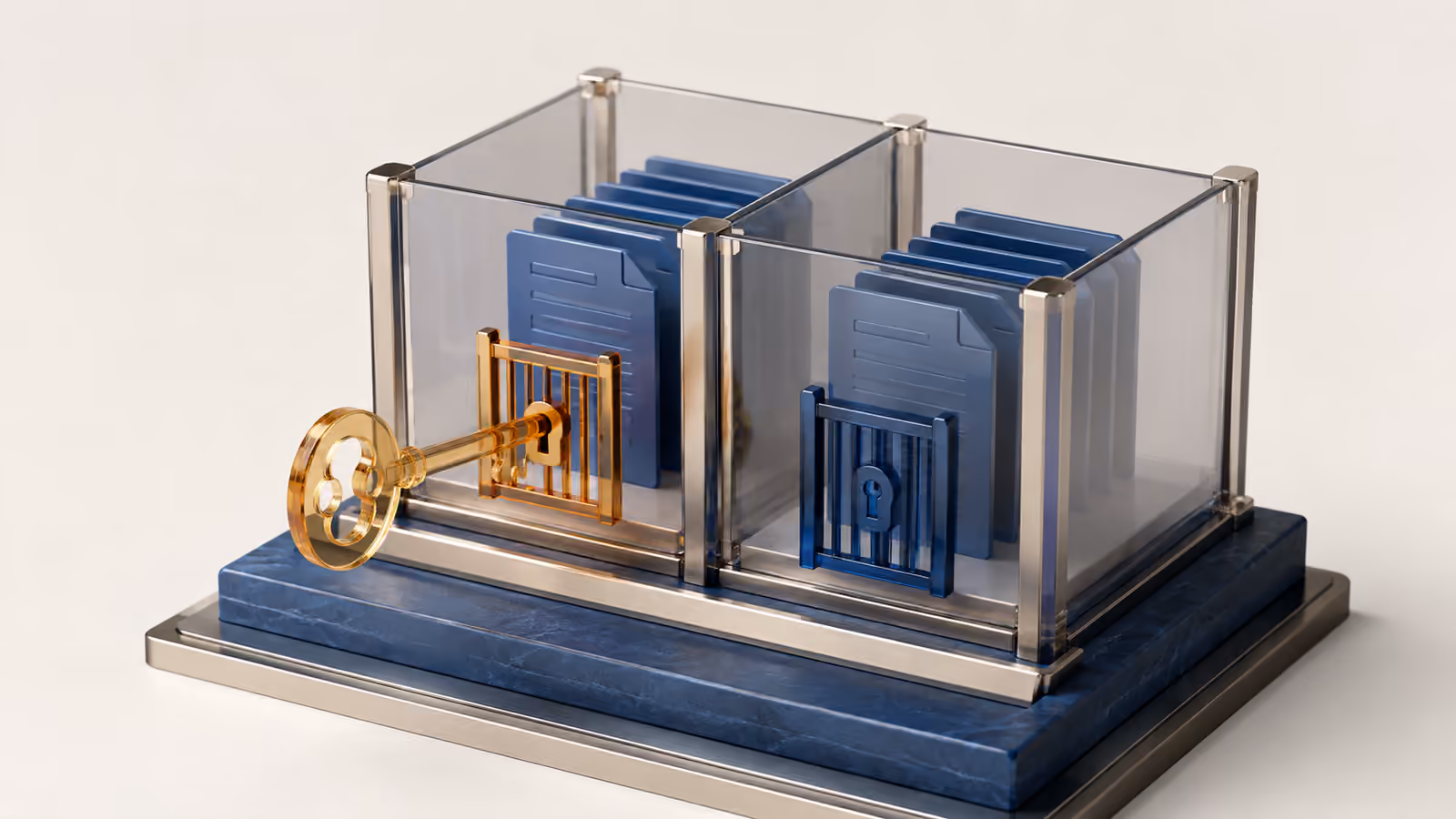 Conceptual model of two tenant compartments with blue records and an amber key opening only one authorized gate.