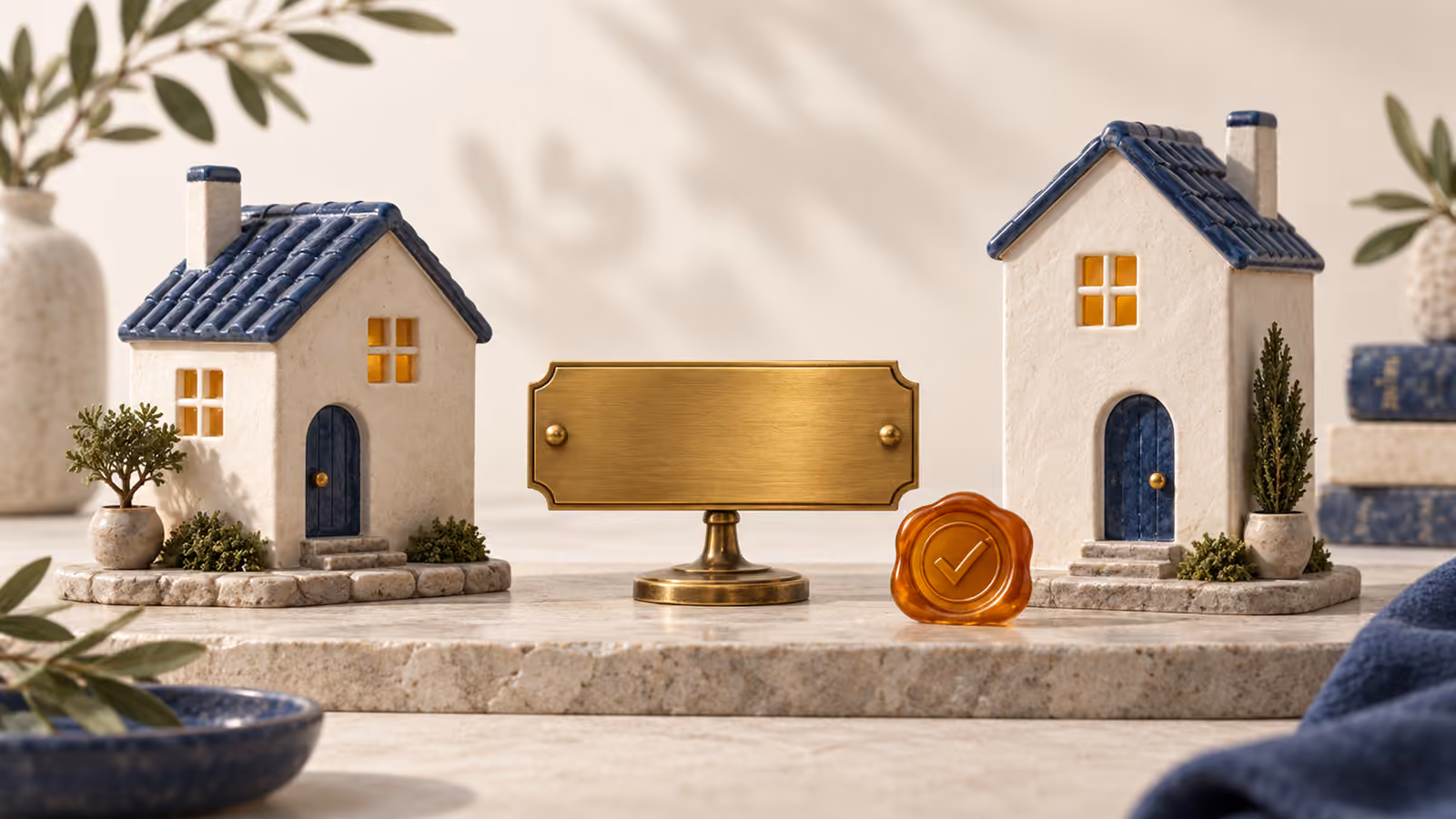 Two ceramic houses beside a removable brass nameplate and an amber verification seal.