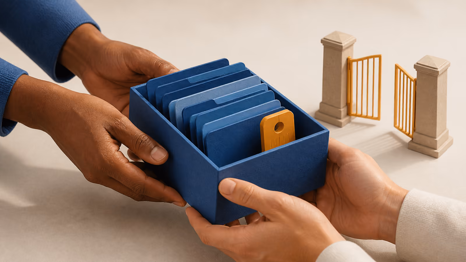 A carefully packed blue data container with document cards and a small attachment object, being handed across a neutral tabletop beside an amber gate.