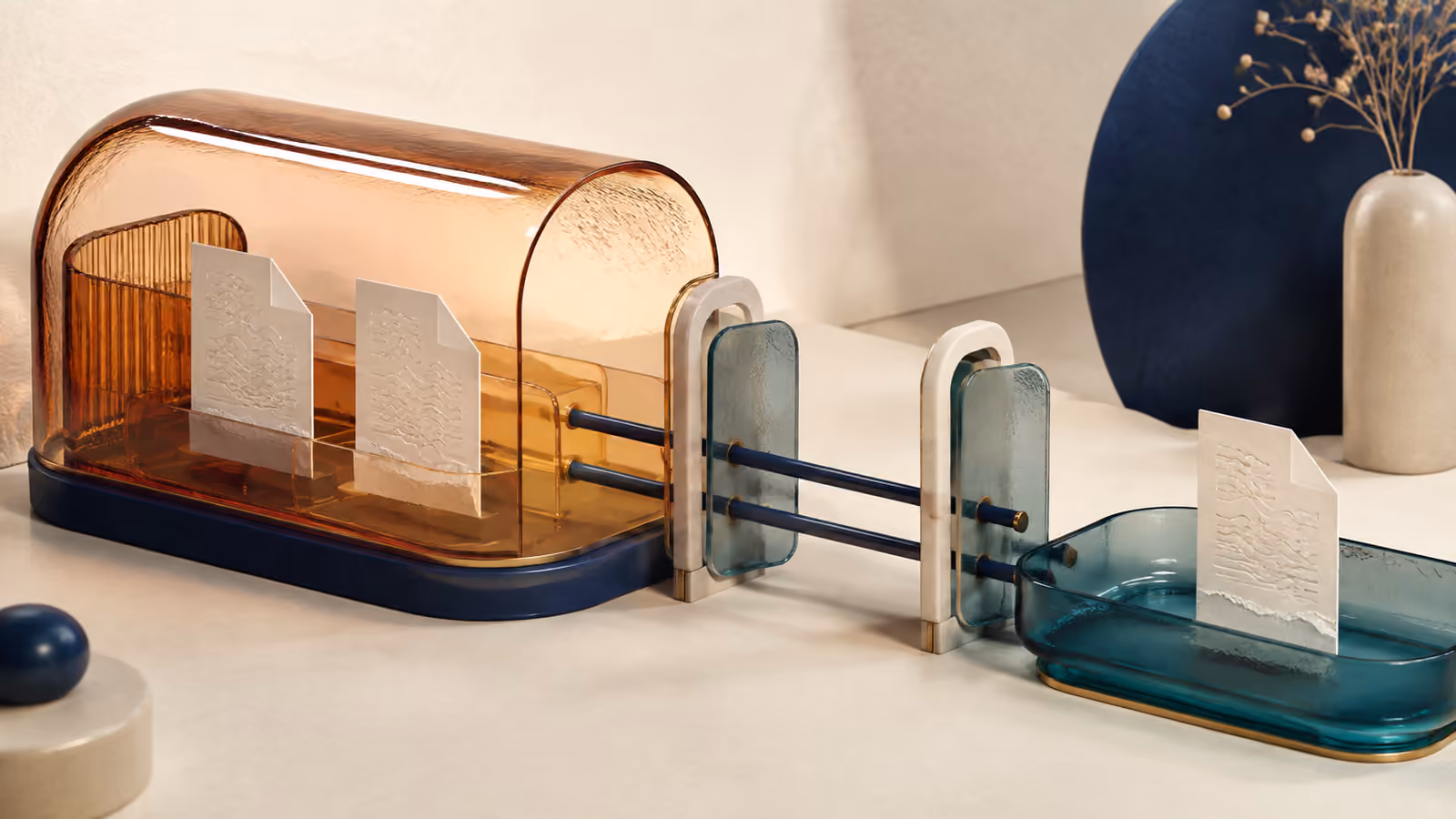 Files wait inside an amber quarantine enclosure while a separate teal tray holds a released document.