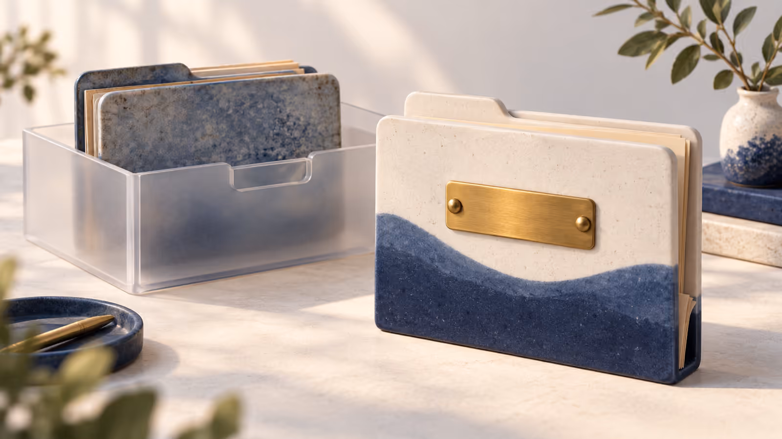 An older indigo project box and a new amber project box share removable nameplates while their distinct identity tags stay attached.