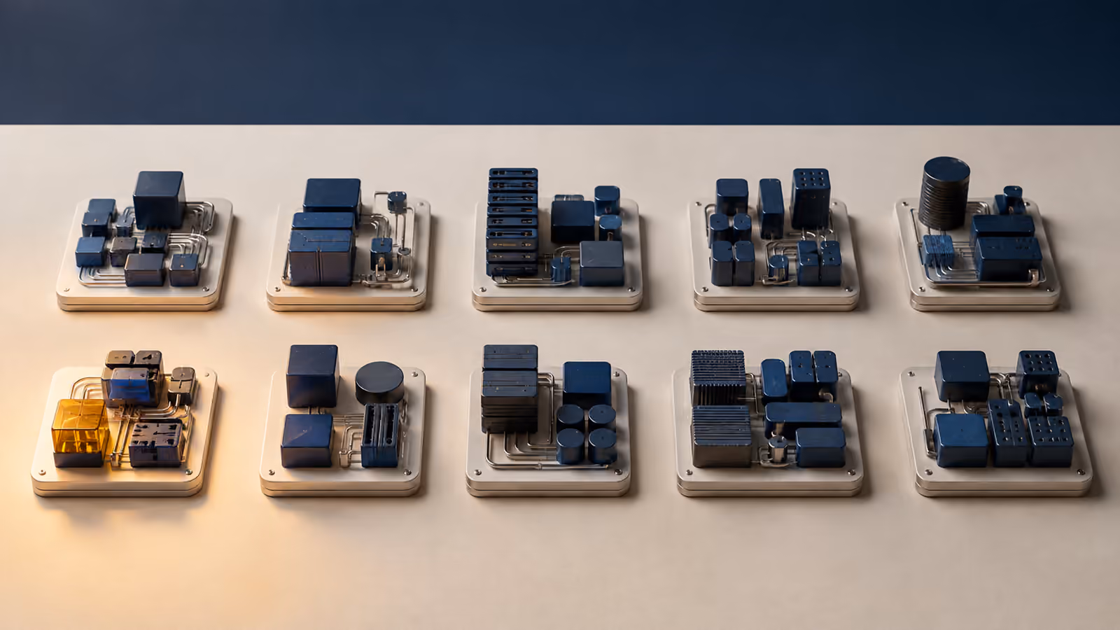 Conceptual models of ten modular software workstations, with an amber element on the featured first station.